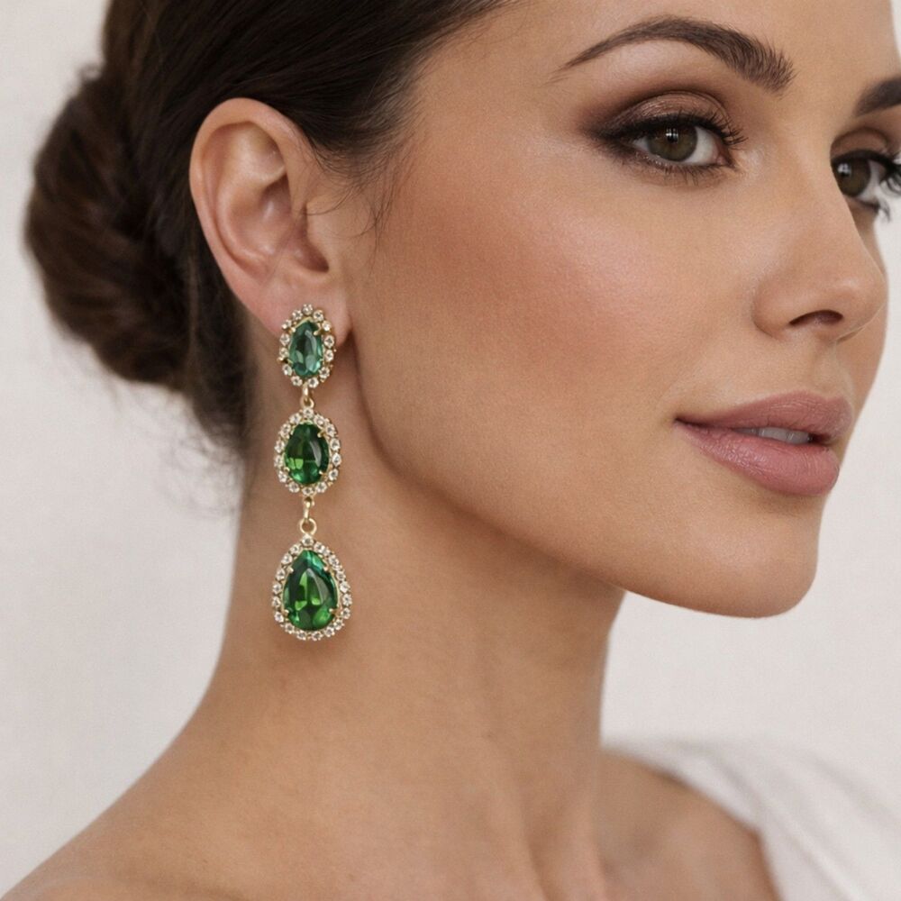 Emerald Green Crystal Dangle Earrings Gold Tone Rhinestone Halo Statement Drop